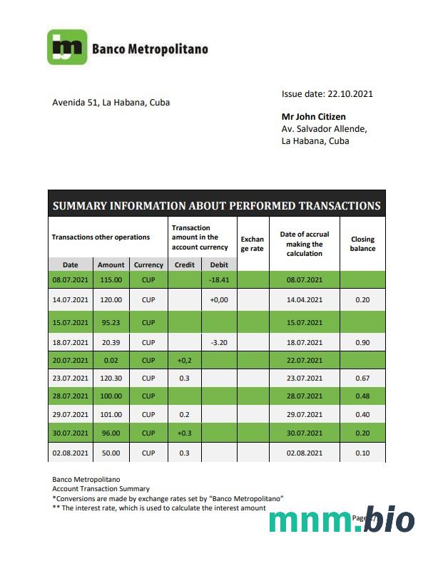 Szablon wyciągu bankowego Cuba Banco Central de Cuba w programie Word i PDF